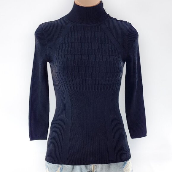 KAREN MILLEN Black 3/4 Sleeve Rib Knit Mock Neck Slim Fit Sweater - Picture 1 of 7